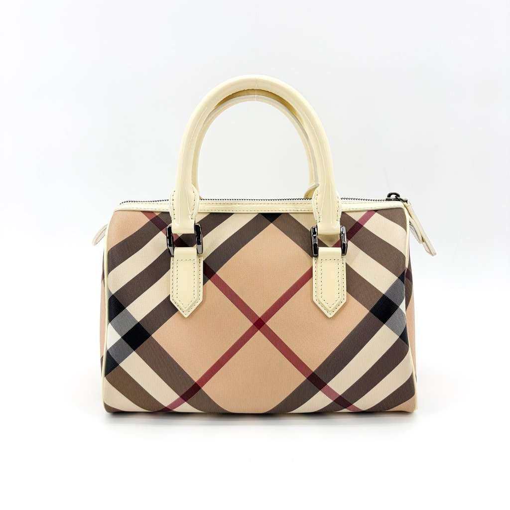 Burberry Nova Check Patent Trim Boston Bag Cream Beige Leather Good - Back View