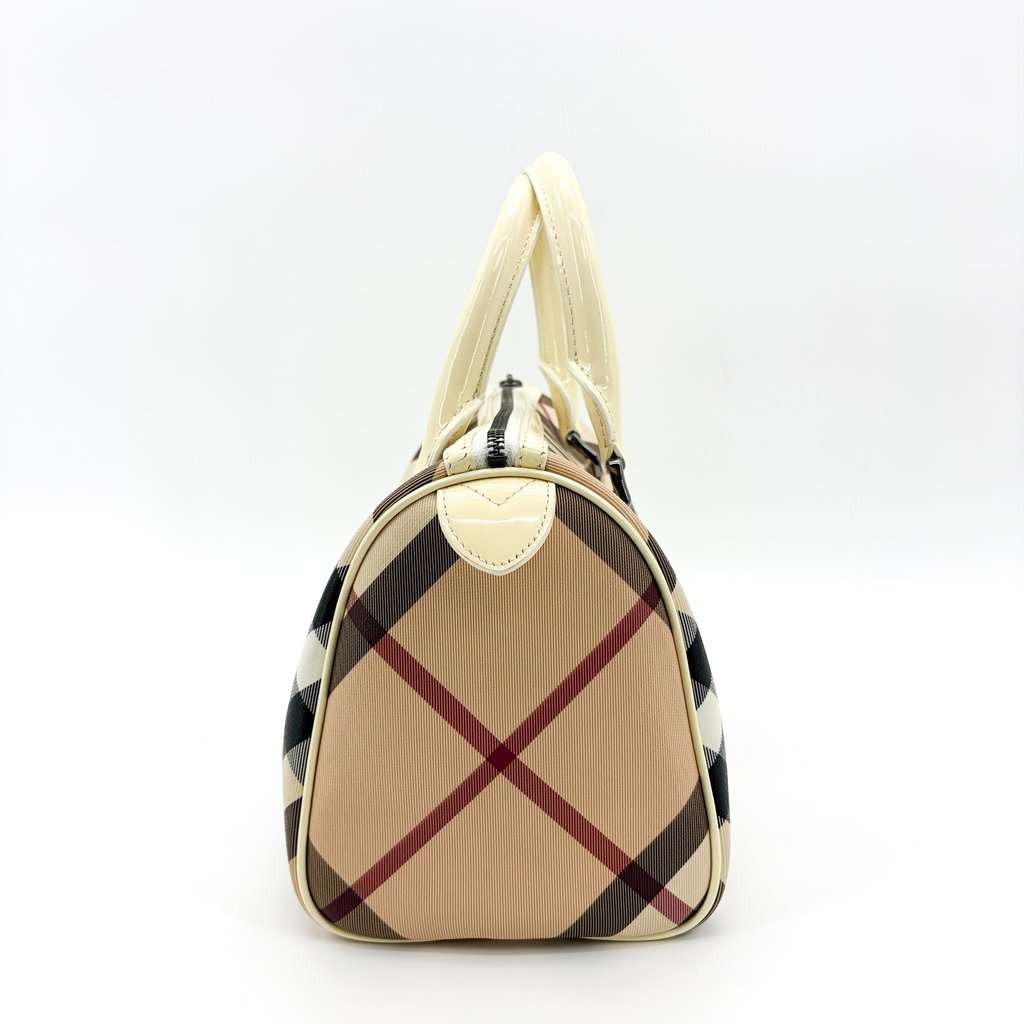 Burberry Nova Check Patent Trim Boston Bag Cream Beige Leather Good - Inside View