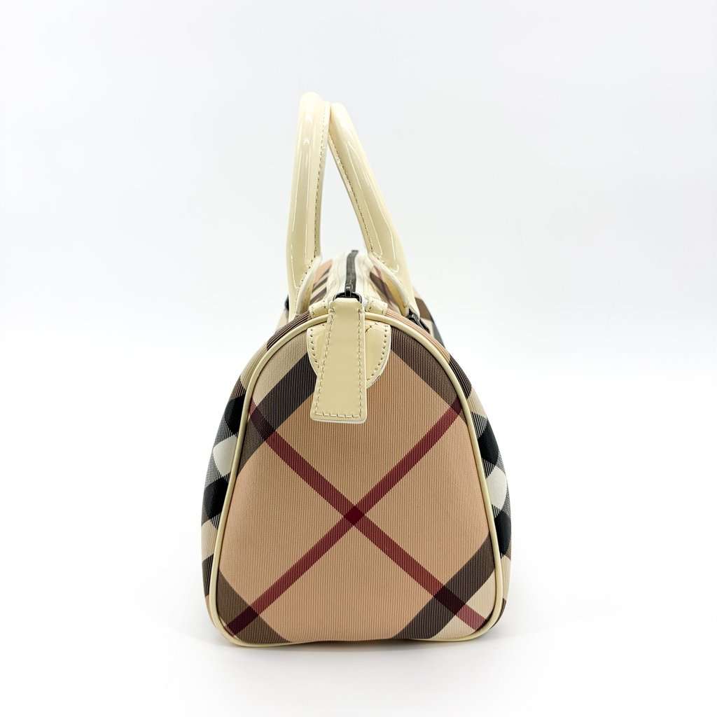 Burberry Nova Check Patent Trim Boston Bag Cream Beige Leather Good - Model View