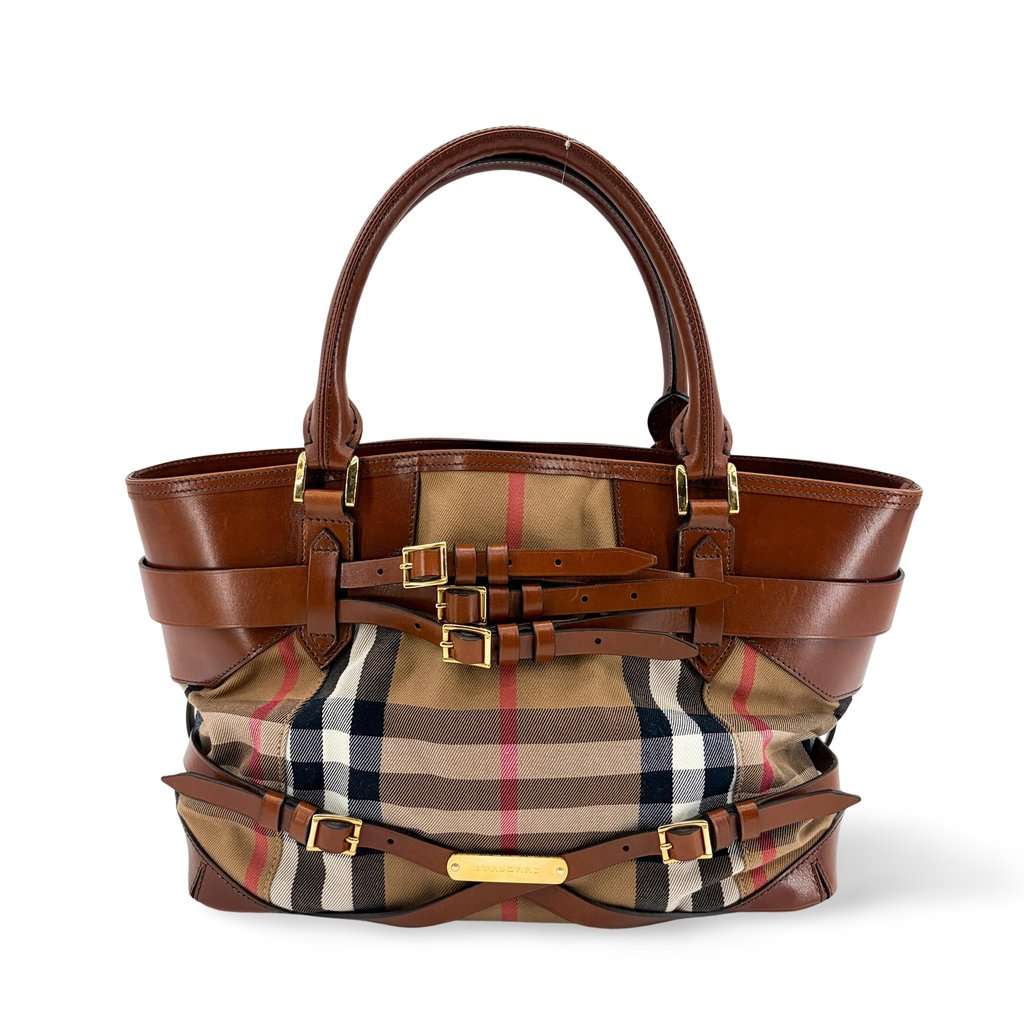Burberry House Check Belted Manor Tote Bag Brown Beige Leather Good - Front View