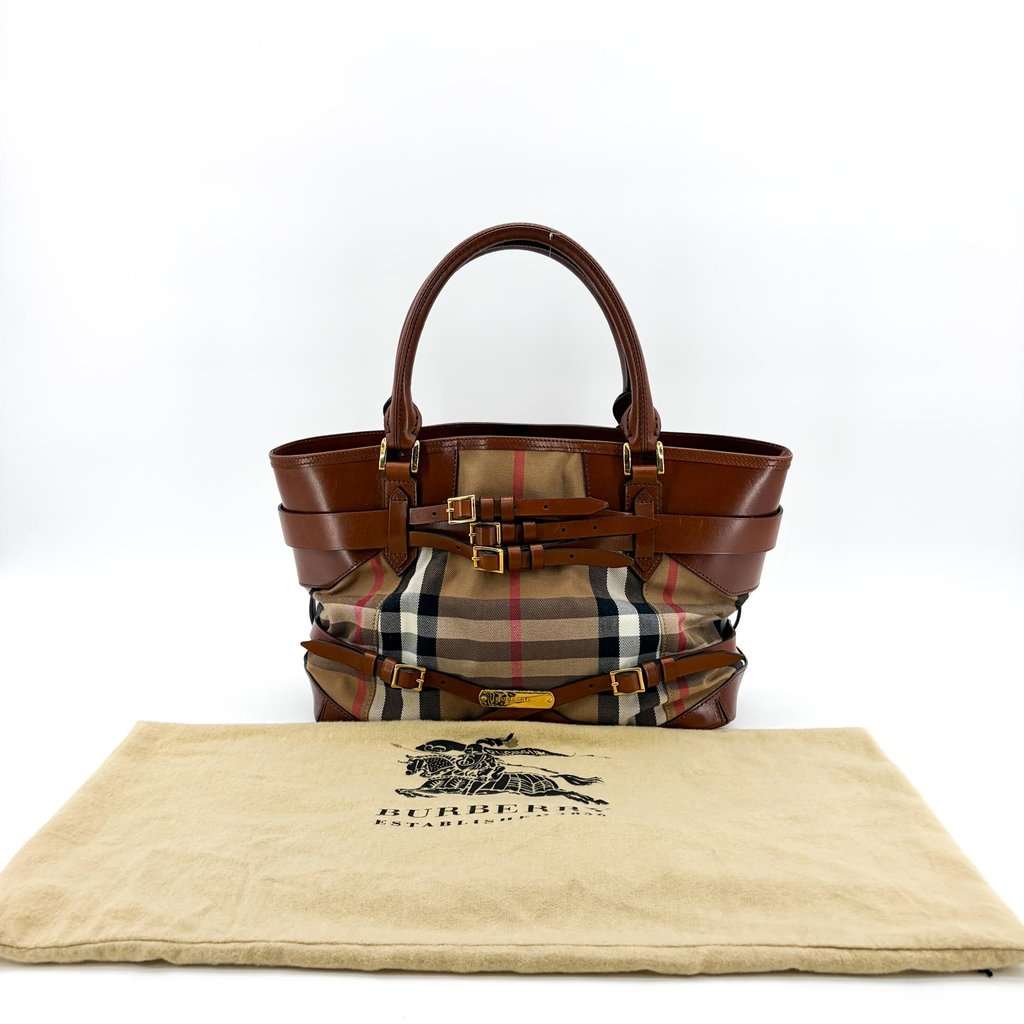 Burberry House Check Belted Manor Tote Bag Brown Beige Leather Good - Back View