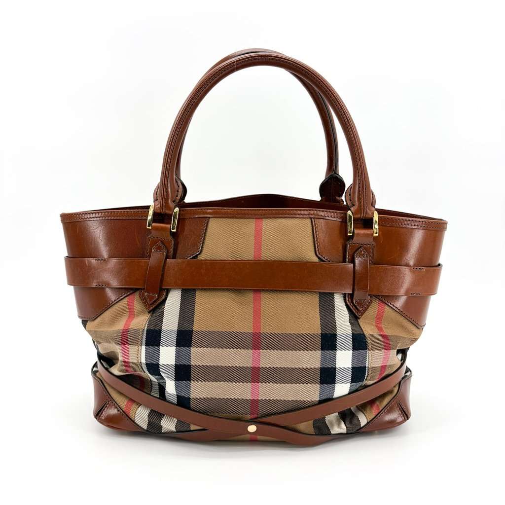Burberry House Check Belted Manor Tote Bag Brown Beige Leather Good - Inside View