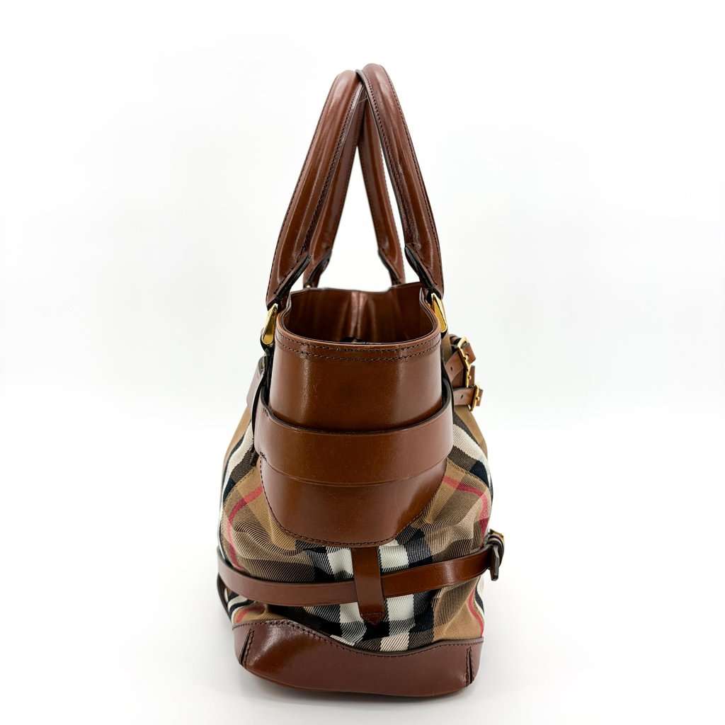 Burberry House Check Belted Manor Tote Bag Brown Beige Leather Good - Box View