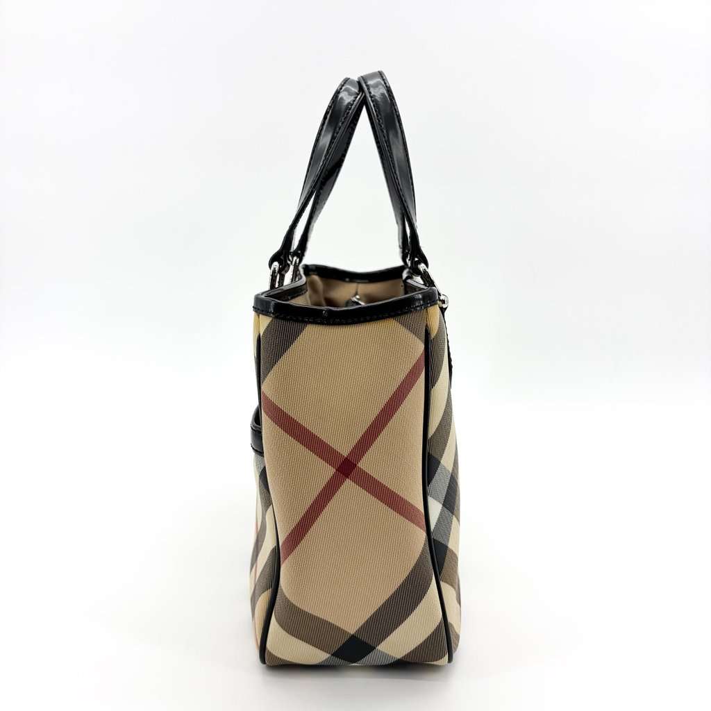 Burberry Nova Check Canvas and Black Patent Leather Small Tote Bag Beige Canvas Good - Inside View