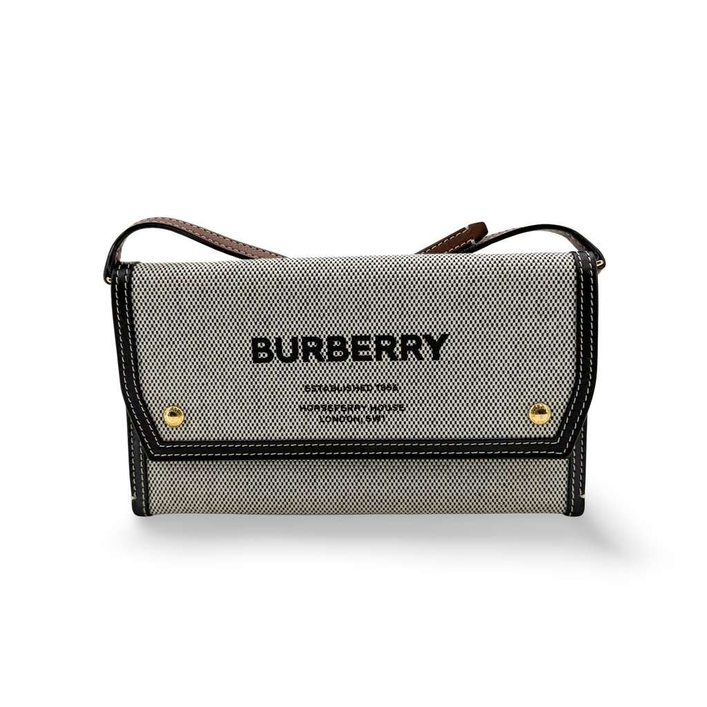 Burberry Small Horseferry Print Canvas Notebook Shoulder Bag Black Beige Canvas Good - Front View