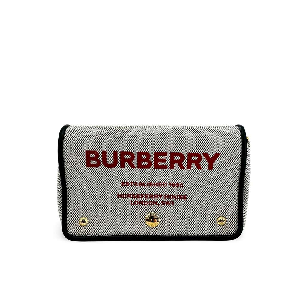 Burberry Horseferry Print Canvas Note Shoulder Bag Black White Black Canvas Good - Front View