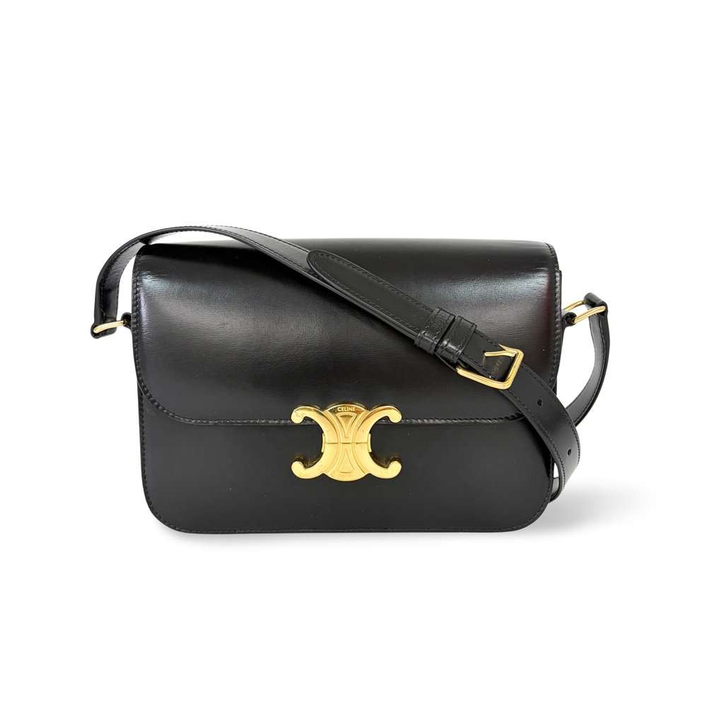 Celine Triomphe Bag Shiny Calfskin Black Gold Hardware Black Leather Good - Front View