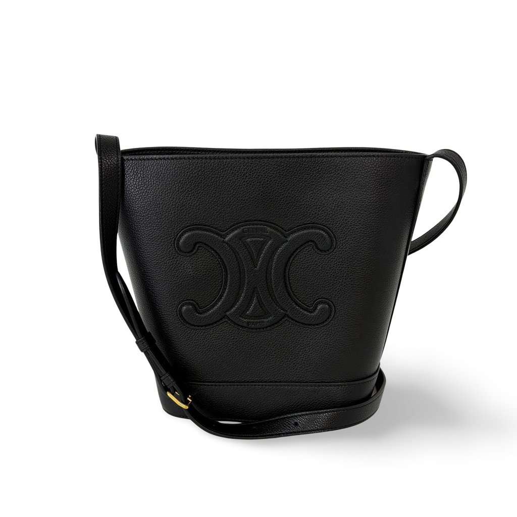 Celine Small Bucket Cure Triomphe Black Black Leather Good - Front View