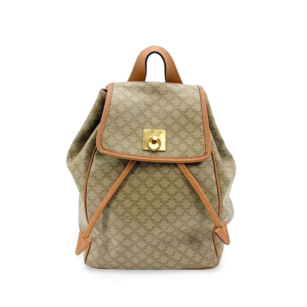 Celine Macadam Vintage Medium Backpack Brown Beige Canvas Good - Front View