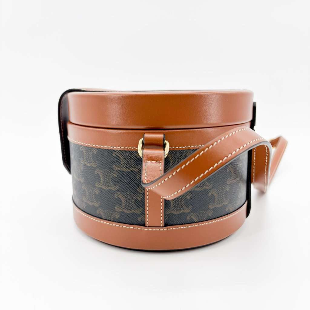 Celine Triomphe Canvas and Calfskin Medium Tambour Bag Tan Black Canvas Very good - Model View