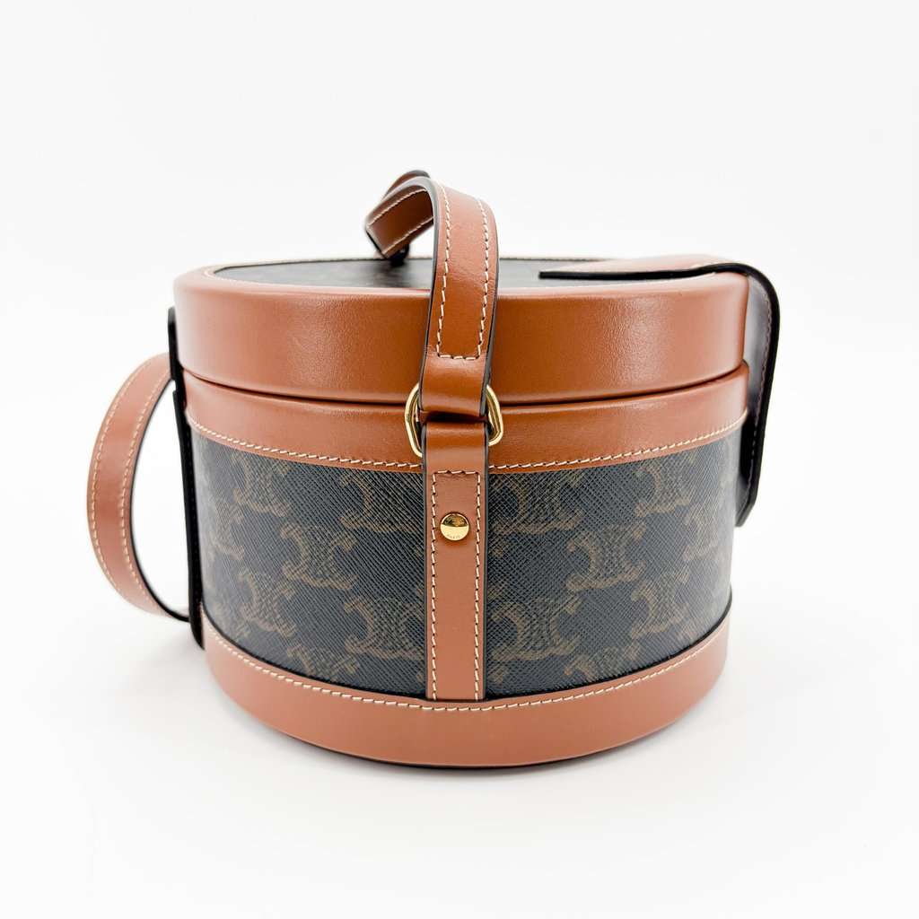 Celine Triomphe Canvas and Calfskin Medium Tambour Bag Tan Black Canvas Very good - Box View