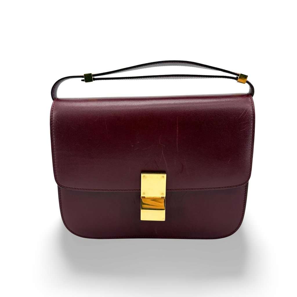 Celine Medium Classic Box Bag Burgundy Burgundy Leather Fair - Front View