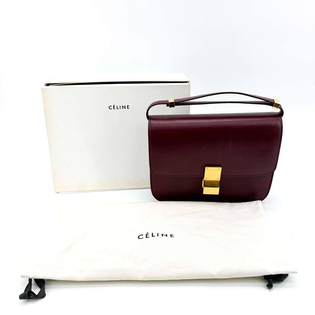 Celine Medium Classic Box Bag Burgundy Burgundy Leather Fair - Back View