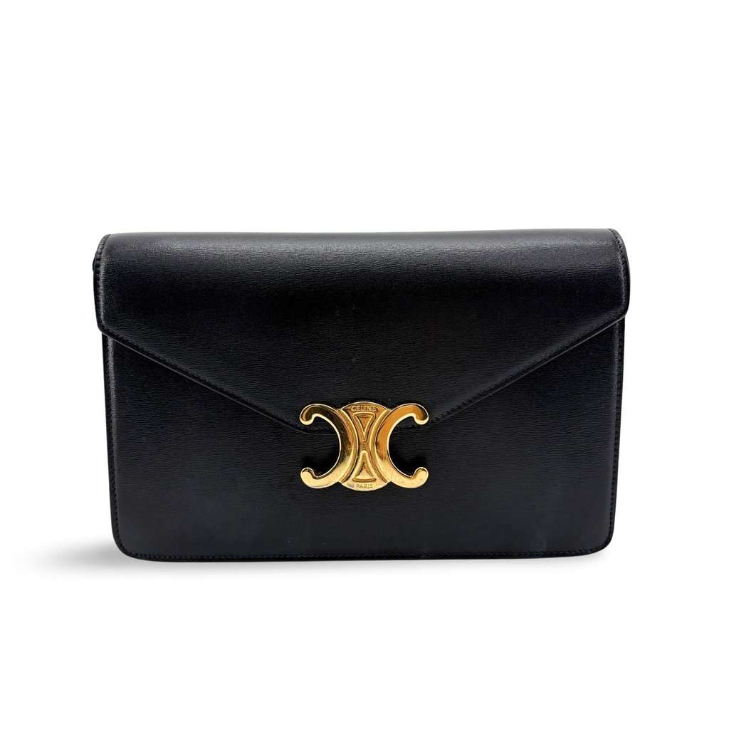 Celine Triomphe Shiny Calfskin Clutch Black Black Leather Very good - Front View