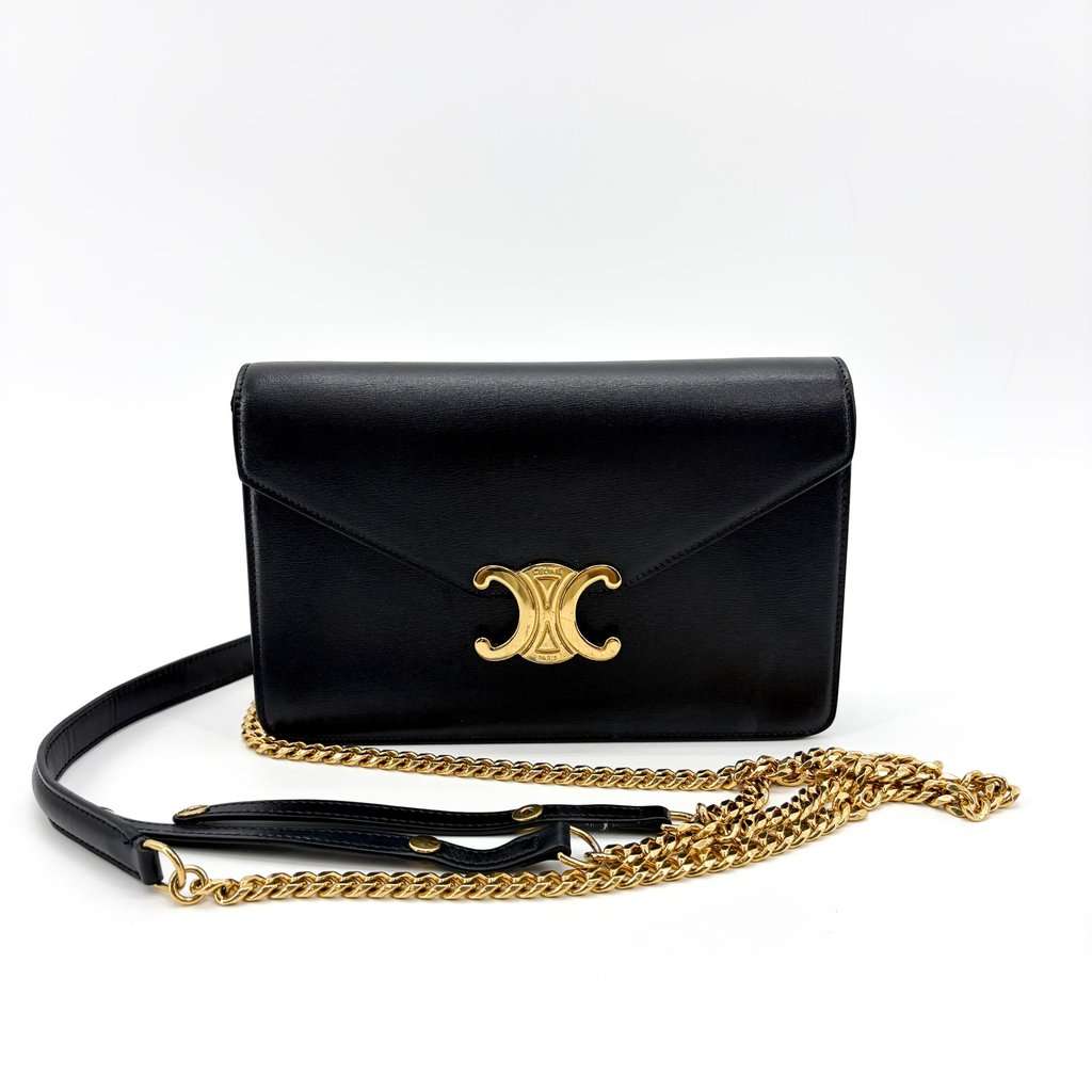 Celine Triomphe Shiny Calfskin Clutch Black Black Leather Very good - Back View