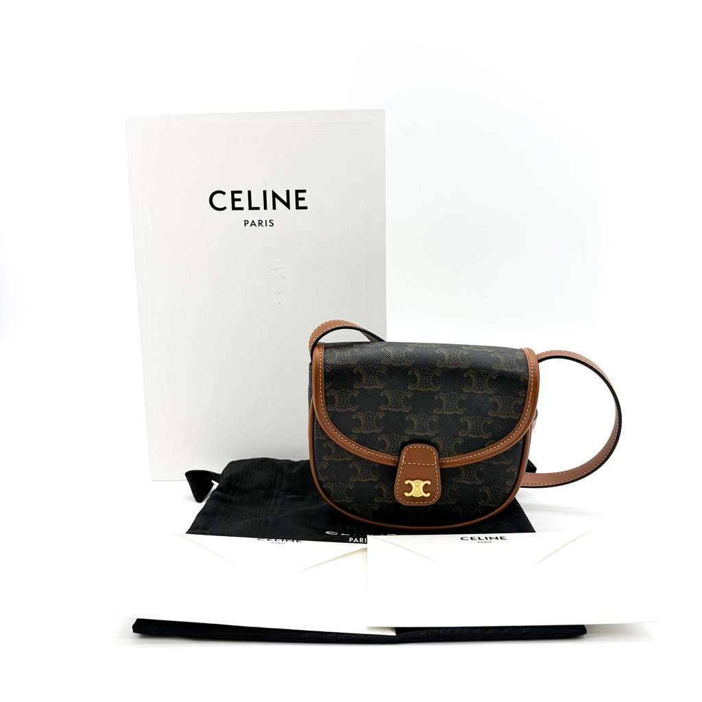 Celine Small Besace Triomphe Canvas & Calfskin Tan Black Canvas Very good - Back View
