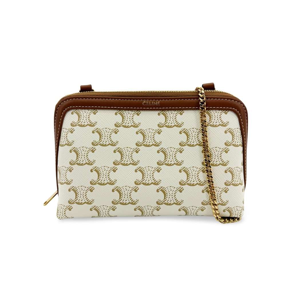 Celine Trionp Canvas White Mini Pouch on Chain Brown Canvas Very good - Front View
