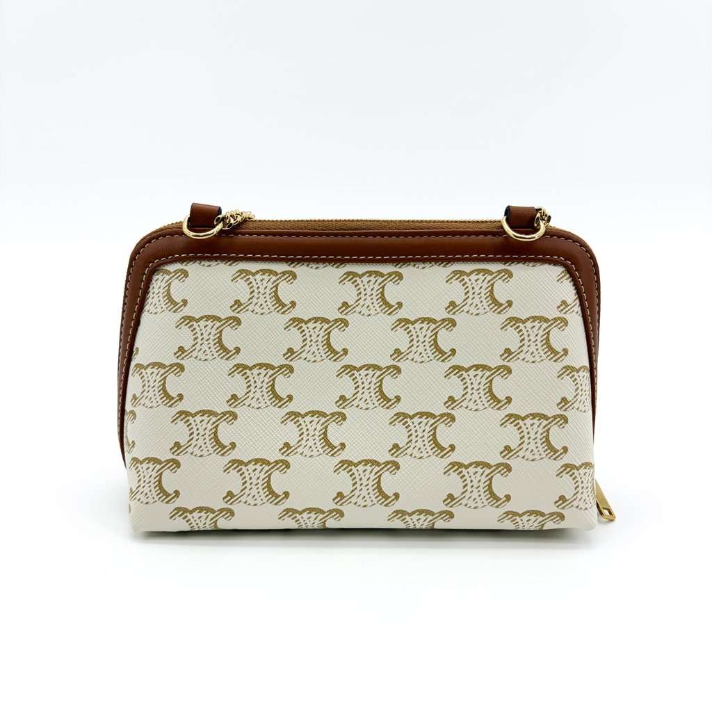 Celine Trionp Canvas White Mini Pouch on Chain Brown Canvas Very good - Inside View