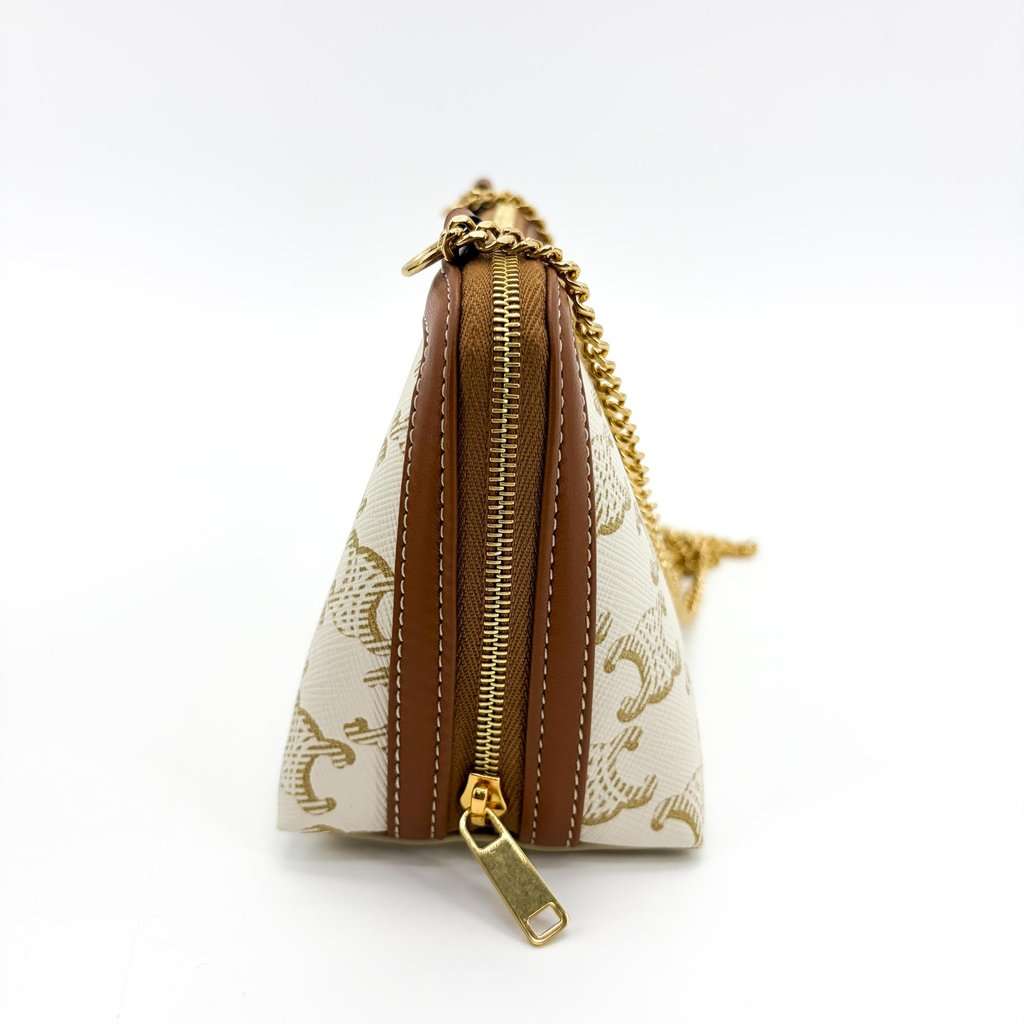 Celine Trionp Canvas White Mini Pouch on Chain Brown Canvas Very good - Box View