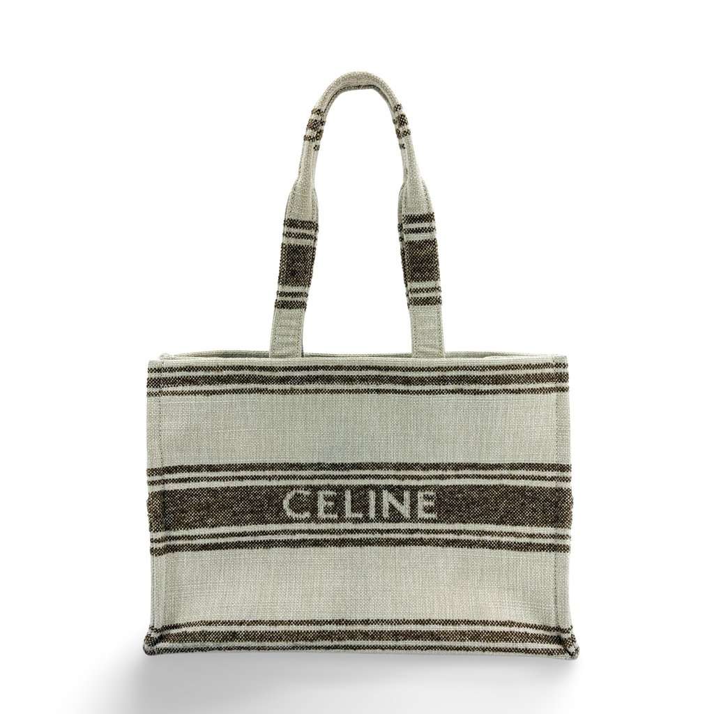 Celine Horizontal Cabas Textile Stripe Ecru Brown Beige Leather Good - Front View