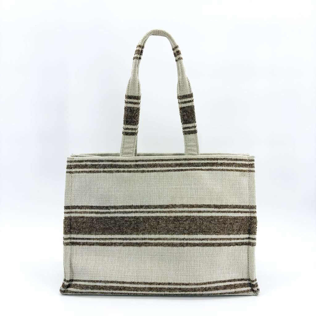 Celine Horizontal Cabas Textile Stripe Ecru Brown Beige Leather Good - Inside View
