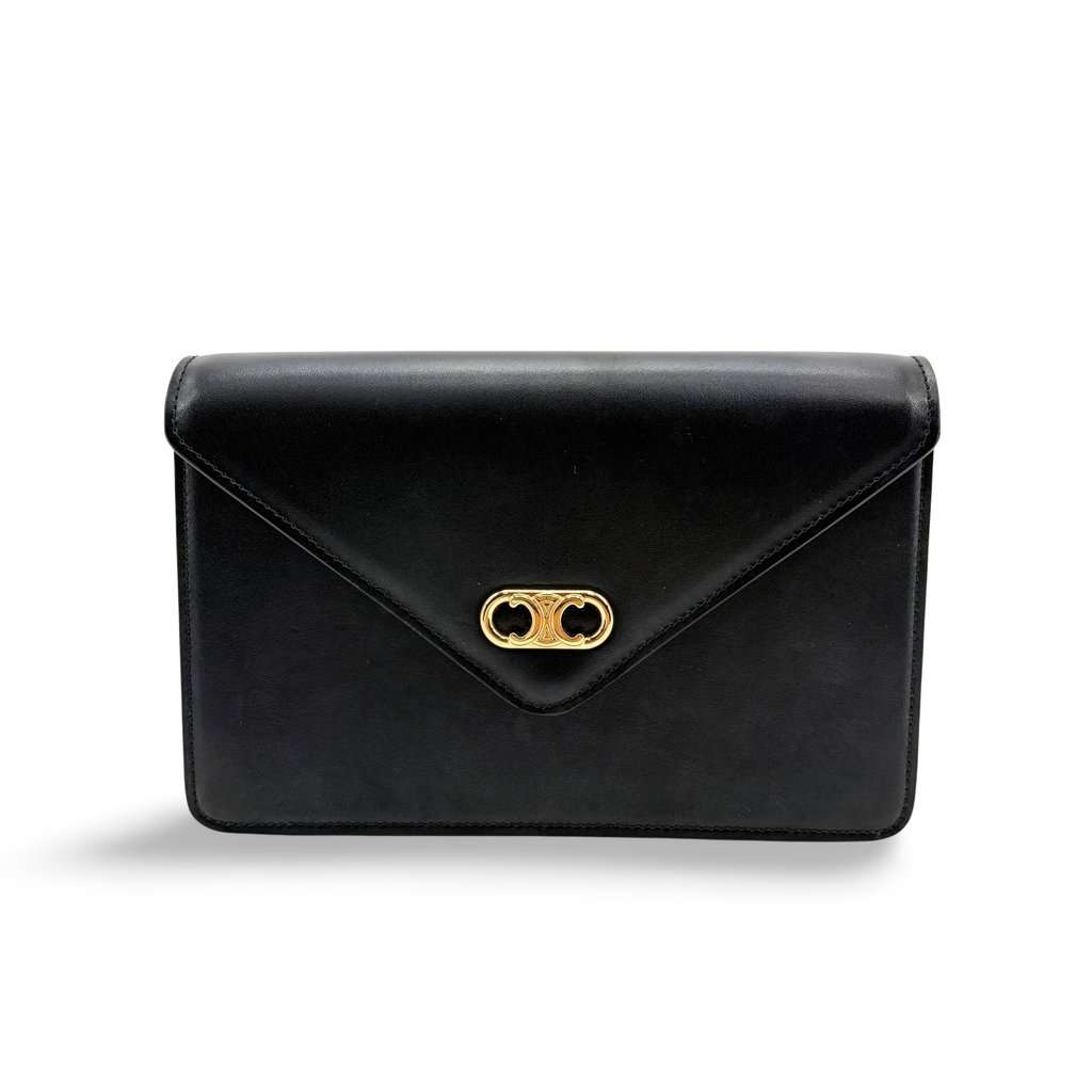 Celine Vintage Triomphe Leather Envelope Clutch Black Black Leather Very good - Front View