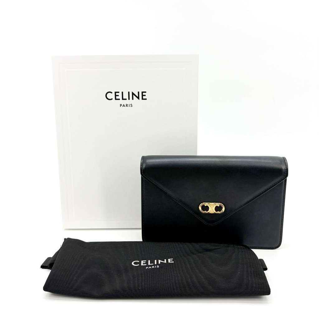Celine Vintage Triomphe Leather Envelope Clutch Black Black Leather Very good - Back View