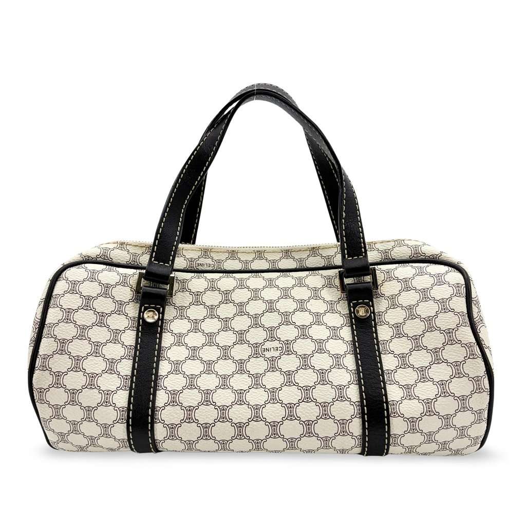 Celine Macadam Triomphe Canvas Barrel Bag White Black Black Canvas Good - Front View