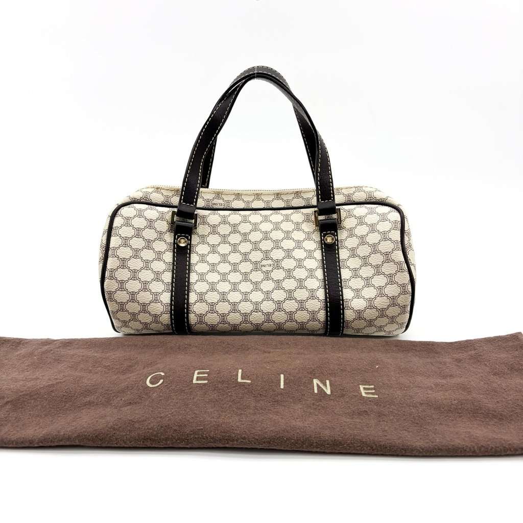 Celine Macadam Triomphe Canvas Barrel Bag White Black Black Canvas Good - Back View