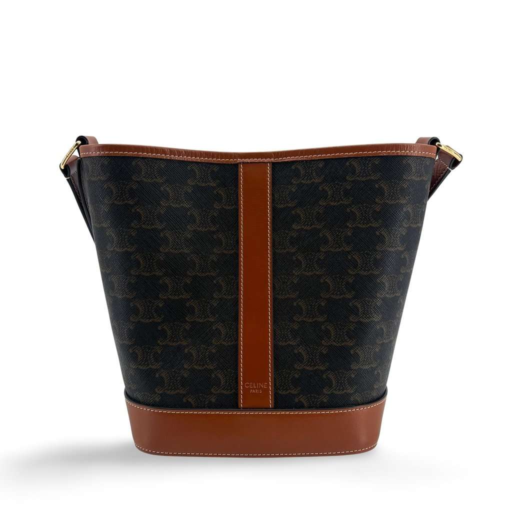 Celine Trionf Canvas & Calfskin Small Bucket Bag Tan Black Canvas Very good - Front View