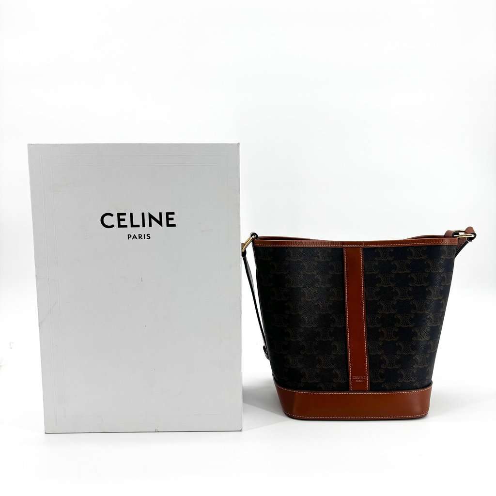 Celine Trionf Canvas & Calfskin Small Bucket Bag Tan Black Canvas Very good - Back View