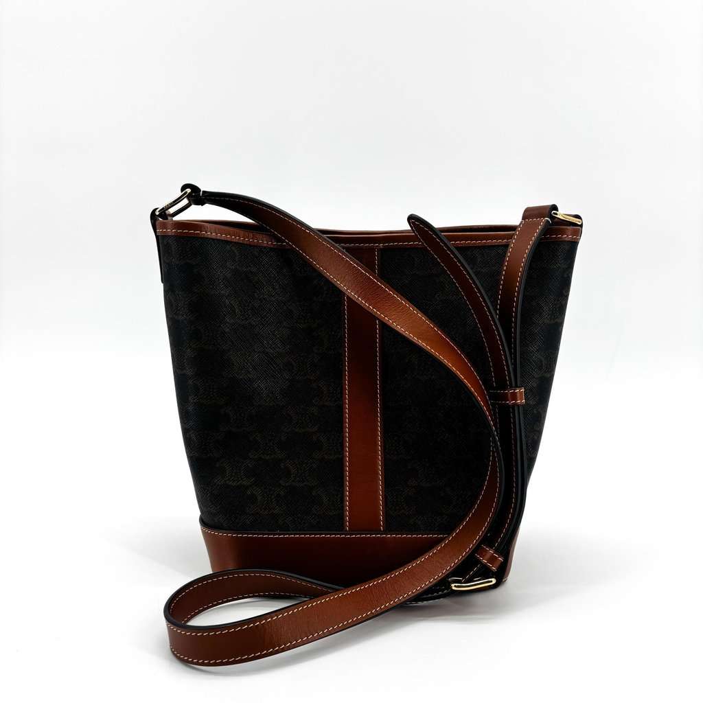 Celine Trionf Canvas & Calfskin Small Bucket Bag Tan Black Canvas Very good - Inside View