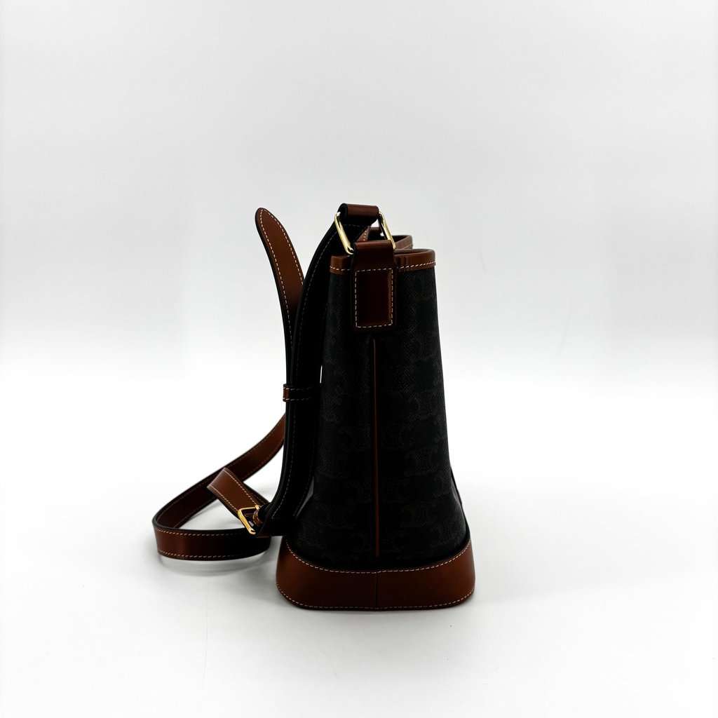 Celine Trionf Canvas & Calfskin Small Bucket Bag Tan Black Canvas Very good - Model View