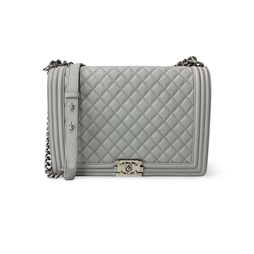 Chanel Boy Bag Caviar Silver Hardware Large Beige Leather Good - Front View