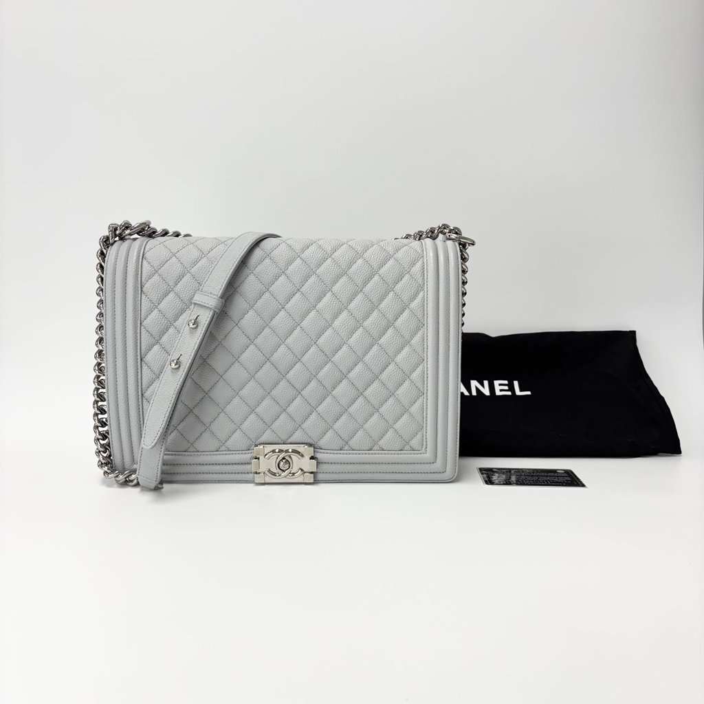 Chanel Boy Bag Caviar Silver Hardware Large Beige Leather Good - Back View