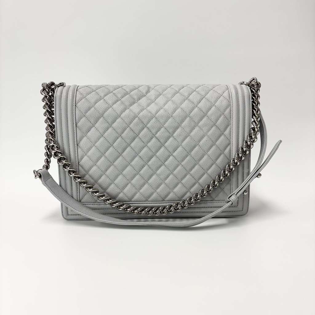 Chanel Boy Bag Caviar Silver Hardware Large Beige Leather Good - Inside View