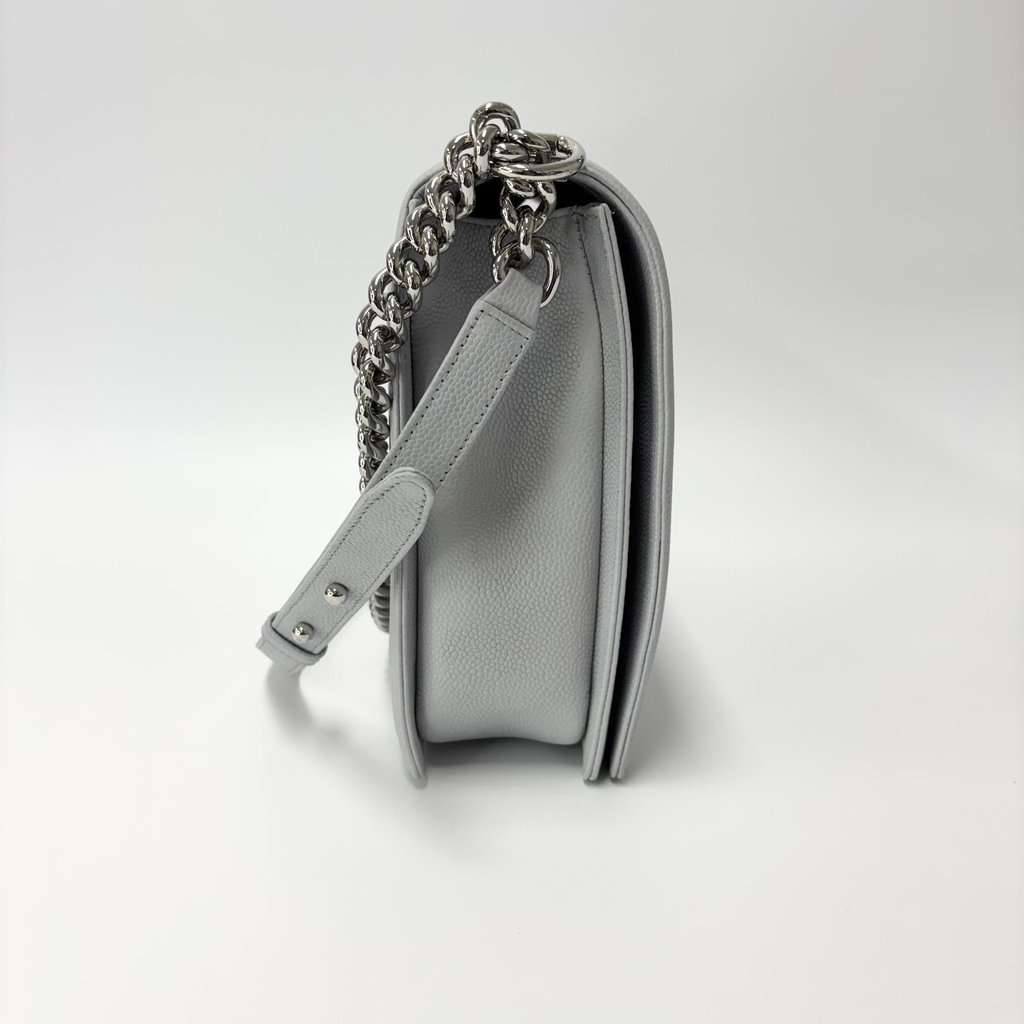Chanel Boy Bag Caviar Silver Hardware Large Beige Leather Good - Model View