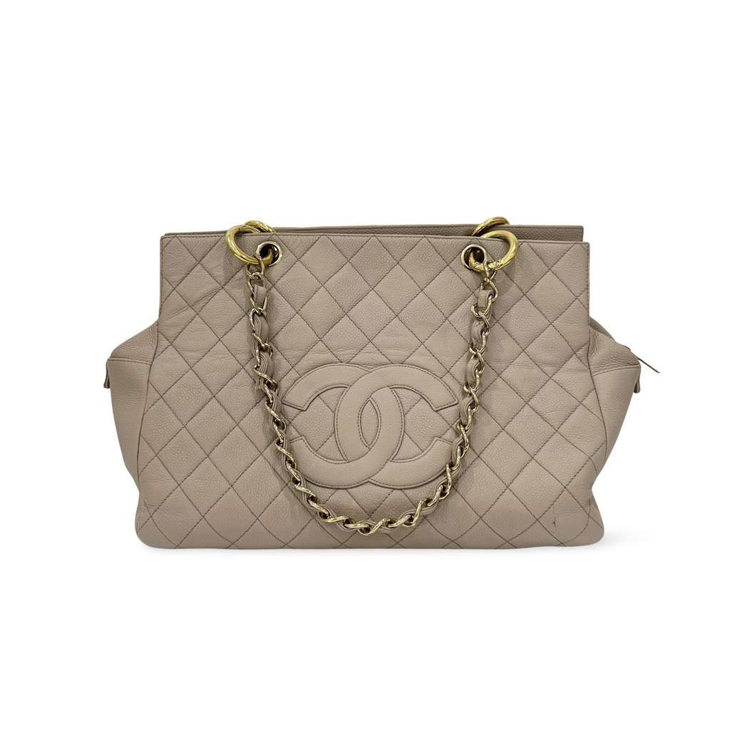 Chanel Caviar Square Bag Large Beige Leather Good - Front View
