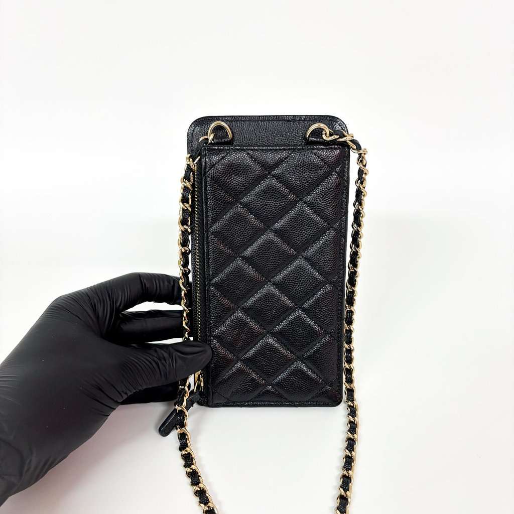Chanel Classic Caviar Phone Holder with Chain Black Gold Black Leather Good - Inside View