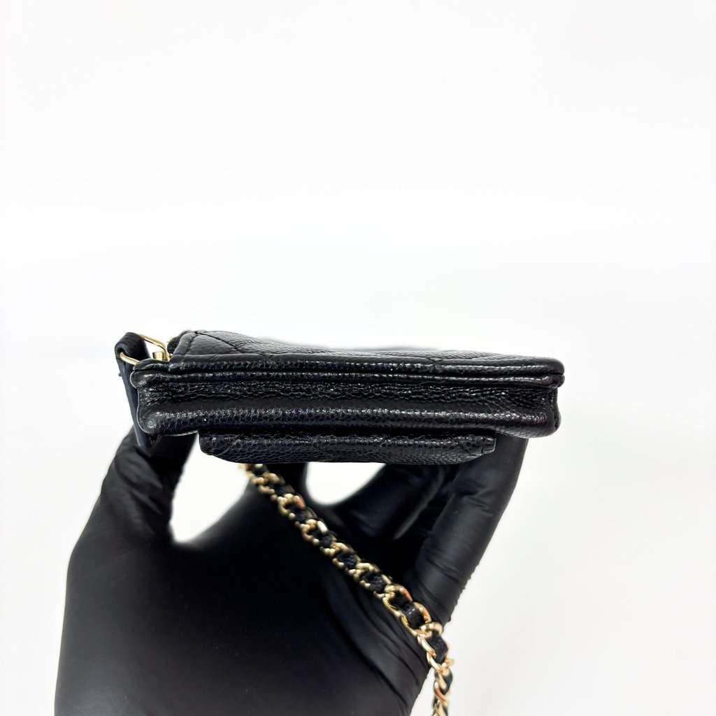 Chanel Classic Caviar Phone Holder with Chain Black Gold Black Leather Good - Model View