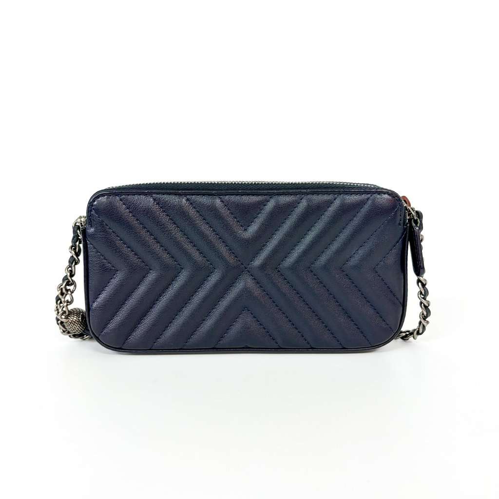 Chanel Chevron Tassel Camera Bag Mini Silver Hardware Navy MultiColor Leather Good - Inside View