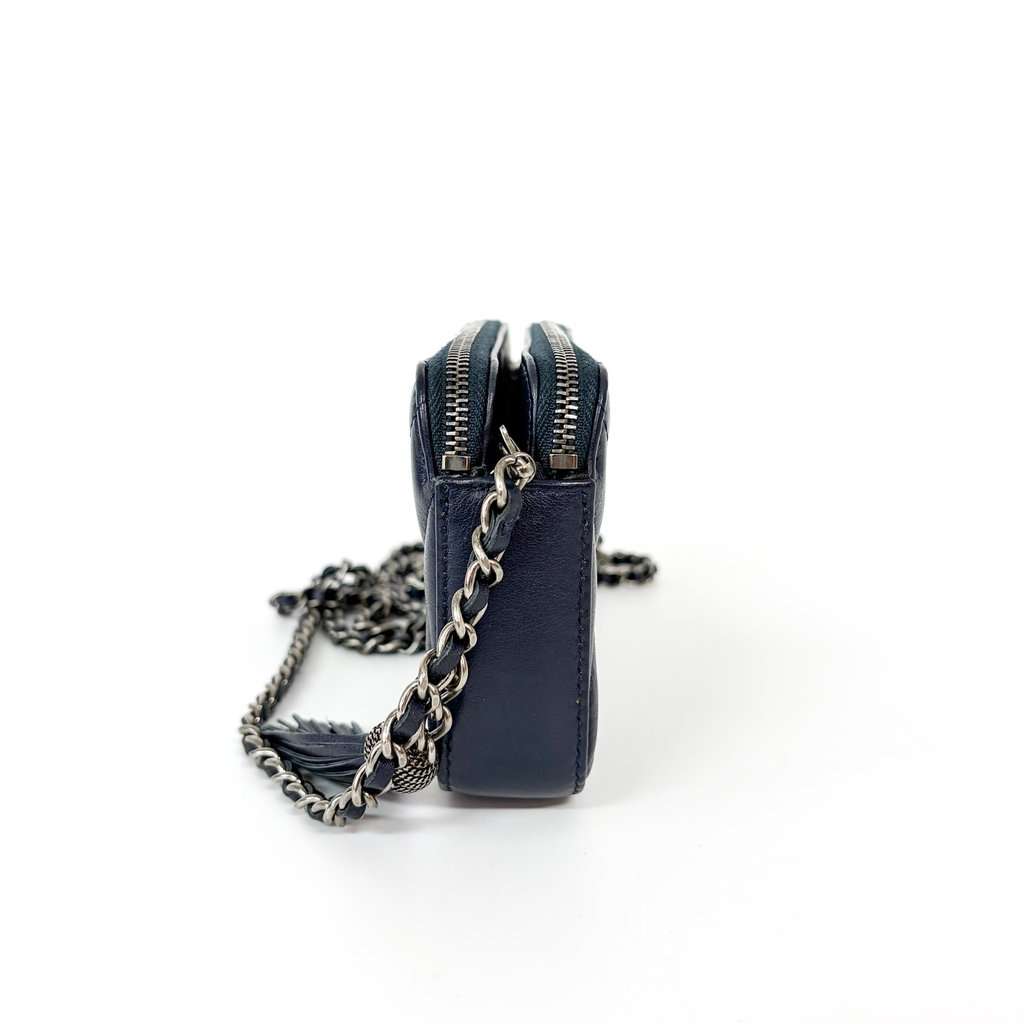 Chanel Chevron Tassel Camera Bag Mini Silver Hardware Navy MultiColor Leather Good - Model View