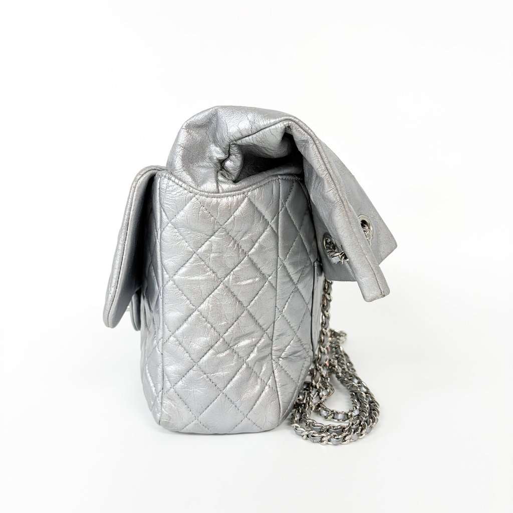Chanel Metallic Silver Quilted Lambskin Flap Bag Silver Hardware MultiColor Leather Good - Model View