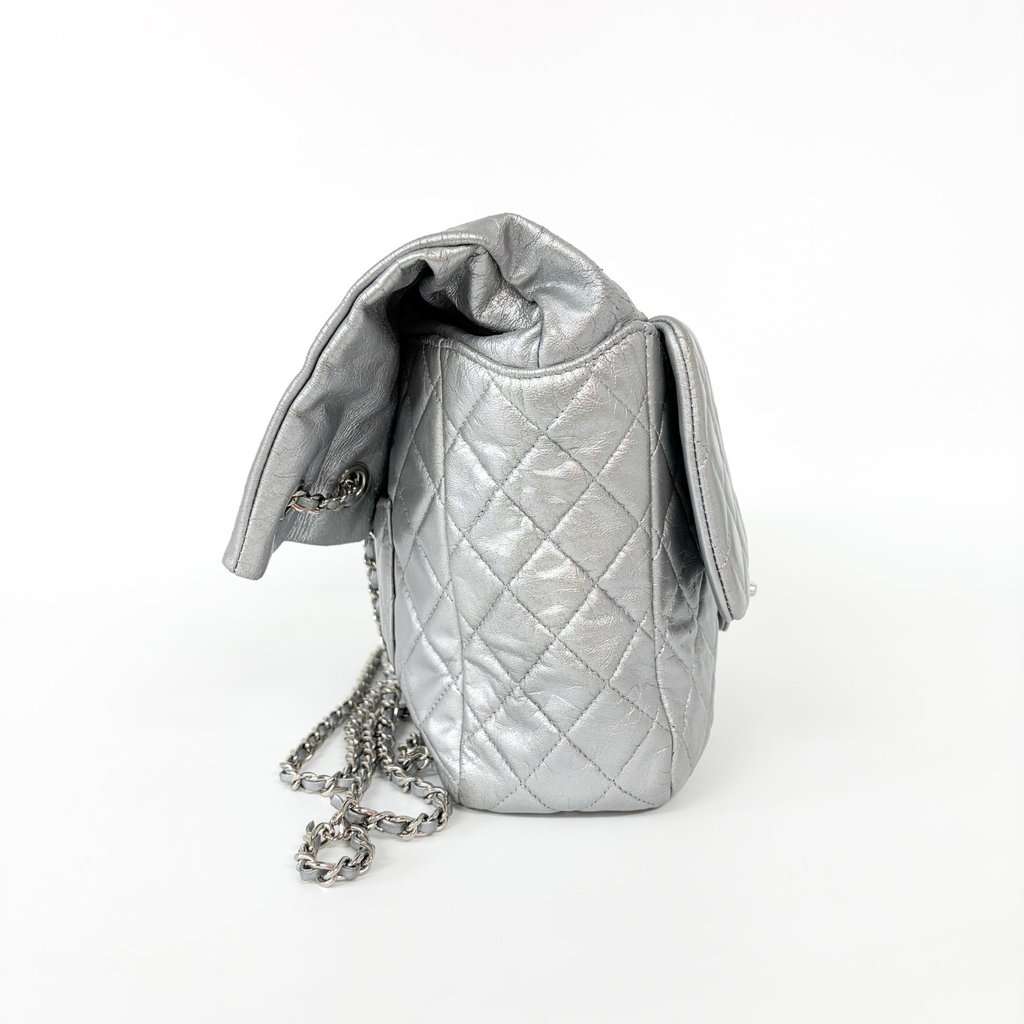 Chanel Metallic Silver Quilted Lambskin Flap Bag Silver Hardware MultiColor Leather Good - Box View