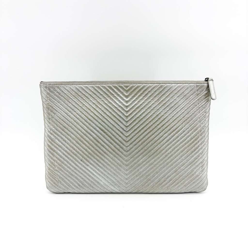 Chanel Chevron Metallic Large O-Case Silver MultiColor Leather Good - Back View