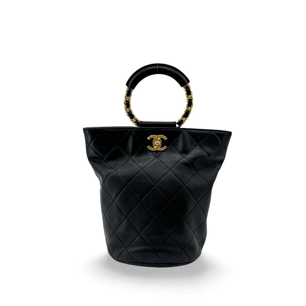 Chanel Vintage Quilted Chain Round Handle Bucket Bag Black with Gold Hardware MultiColor Leather Good - Front View