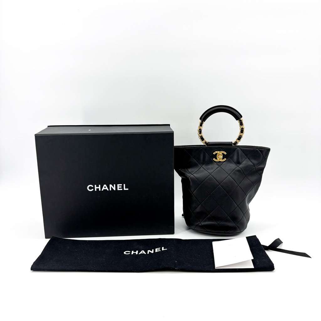 Chanel Vintage Quilted Chain Round Handle Bucket Bag Black with Gold Hardware MultiColor Leather Good - Back View
