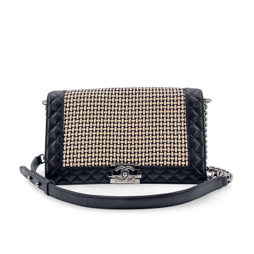 Chanel Boy Chanel Raffia and Lambskin Flap Bag Medium Black Silver Hardware MultiColor Rattan Good - Front View