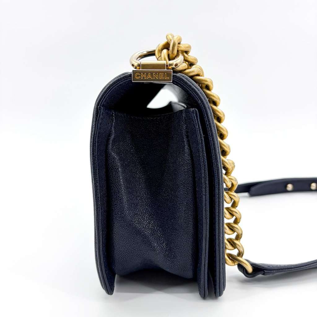 Chanel Boy Chanel Flap Bag Medium Navy Caviar Vintage Gold Hardware Navy Leather Good - Box View