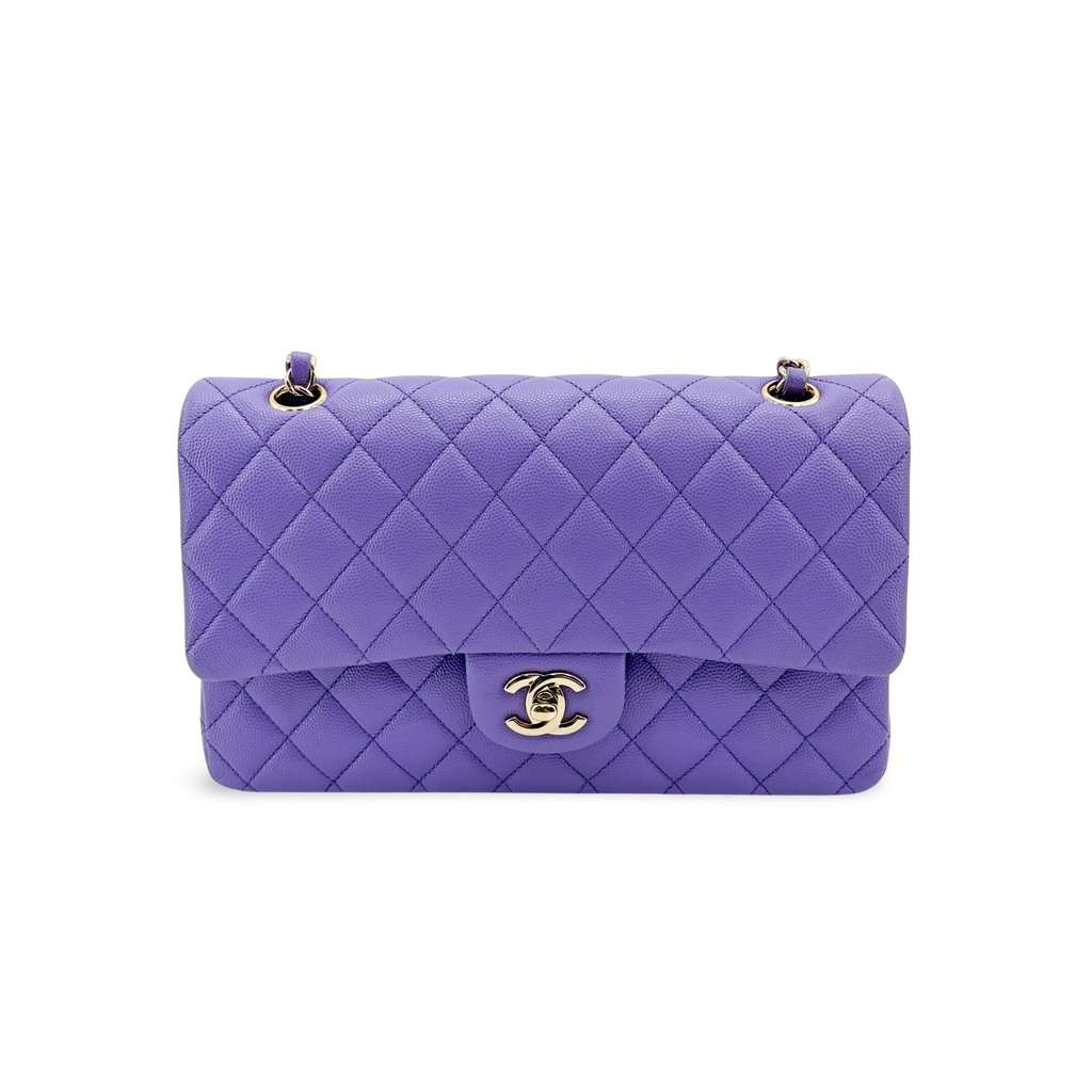 Chanel Classic Flap Bag Medium Grained Calfskin Lavender Purple Gold Hardware Gold Leather Very good - Front View